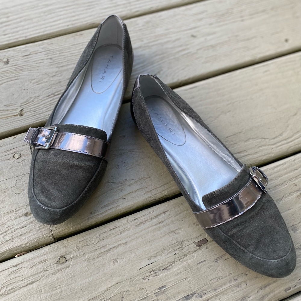 Tahari - Woman’s HECTOR olive suede flat with pewter trim decor/rubber soles, 8